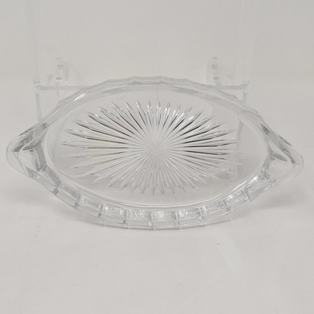 Vintage USA Heisey Glass Starburst Oval Relish Dish Clear Handle Diamond H